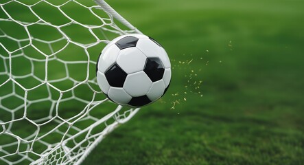 Close-Up of Classic Black and White Soccer Ball in Goal


