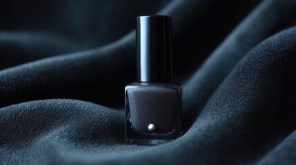 Fototapeta premium Close-up of a black nail polish bottle lying on a dark grey fabric. the bottle is cylindrical in shape with a black cap and a small white dot on the front.