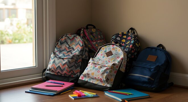 Diverse Back to School Backpack Collection Arranged Near Window Symbolizing Educational Opportunities and Academic Success Preparing for the New School Year with School Supplies