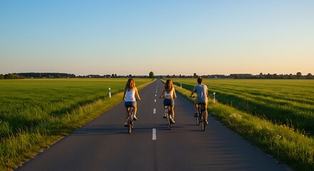 Fototapeta premium Friends Biking on a Road Through Green Fields Together Exploring Summer Journey and Having Fun on Vacation or Holiday Time Concept