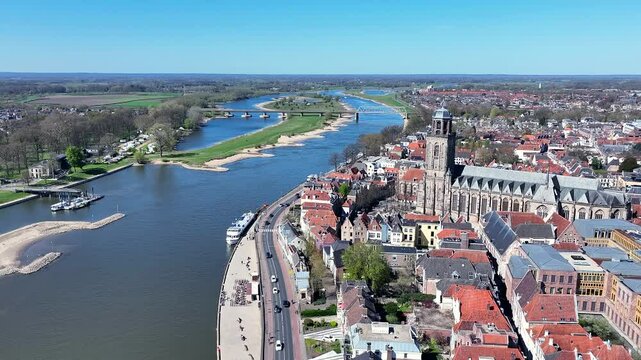 Aerial from the city Deventer at the river IJssel with the Lebinius church in the Netherlands