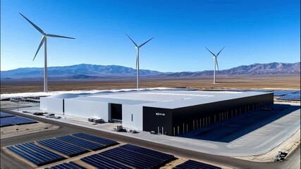 Aerial view of a modern data center with solar panels, and wind turbines
 - Powered by Adobe