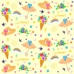 Vector seamless pattern: stylized ice cream made of multi-colored flowers in a waffle cone, umbrellas made of flowers, butterflies, the inscription "summer", swallows, hats, rainbows, and the sun.
