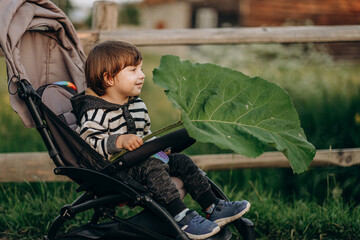 The kid holds a large leaf of burdock in his hand. A boy in a pram plays with a huge sheet.