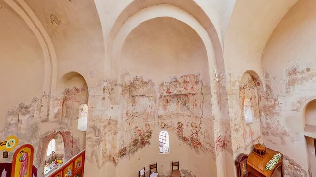 Sisevac, Serbia, Sept 3,2024: Wide angle aerial 360 view in the interior of the Sisojevac monastery church of Serbia, showcasing its beautiful frescoes and religious iconostasis