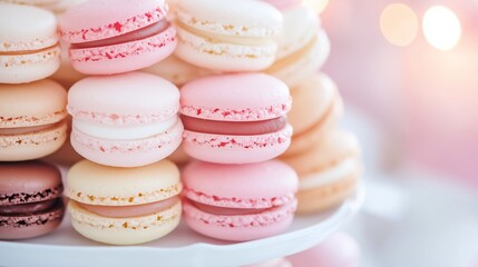 Obraz premium Colorful macarons stacked on a decorative stand at a sweet celebration in a cozy setting with soft lighting