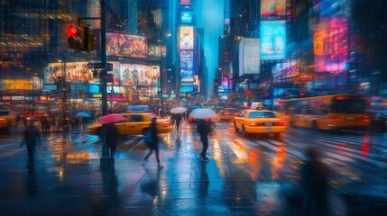 Fototapeta premium Rainy night in a vibrant city square, blurred motion of traffic and pedestrians under colorful lights