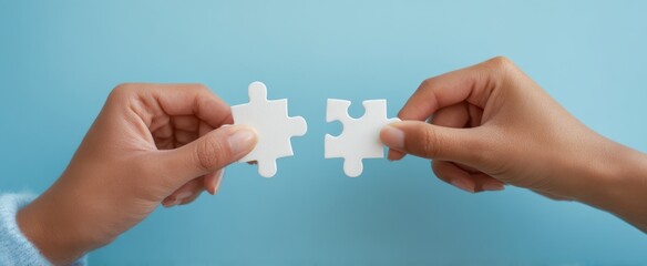 The Hands Connecting Puzzle Pieces Against a Soft Blue Background