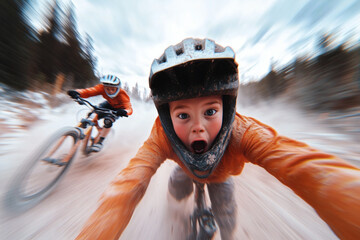Two young boys ride their bikes on a dusty trail through the woods. One cyclist is focused while the other shouts in excitement, enjoying an outdoor adventure