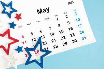 Calendar with red date May 26, 2025 and stars. Memorial Day USA.