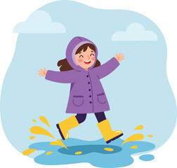 Child wearing purple raincoat and yellow boots jumping in puddle on rainy day playful outdoor activity 