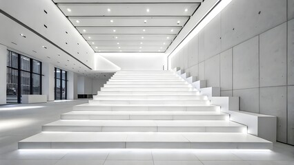 Fototapeta premium Modern minimalist white staircase, illuminated steps, concrete wall background, architectural design, contemporary interior, clean lines, bright spacious lobby, corporate building, business concept