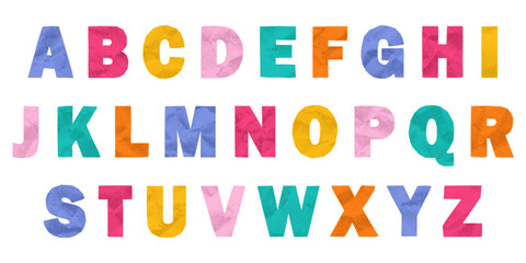 Set of colorful English alphabet letters in crumpled paper collage style. Jagged torn edges, vibrant pastel textures, playful ransom note look, cute sticker design.