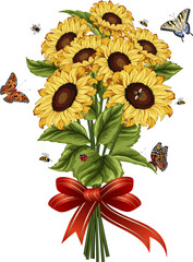 Sunflowers with a red bow.Vector illustration with a bouquet of sunflowers, bees and butterflies.