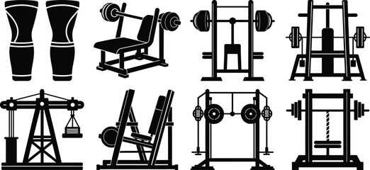 set of Gym equipment silhouettes white background