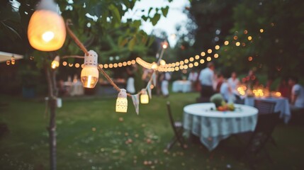 Vibrant outdoor celebration featuring twinkling lamp garlands and silhouetted guests in soft focus