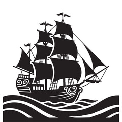 Black Silhouette of a Pirate Ship on Waves