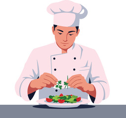 Chef preparing fresh salad with tomatoes and herbs in kitchen illustration for cooking and culinary art vector