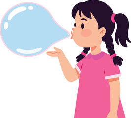 Girl in pink dress blowing large blue bubble gum vector illustration with playful expression and ponytail hairstyle