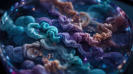 Resin galaxy artwork close-up with swirling teal, violet and copper formations resembling nebula clouds, glitter particles suspended in transparent layers creating cosmic depth effect