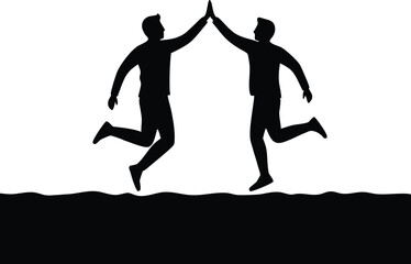 Two men jumping and high-fiving in silhouette style celebrating success and teamwork vector illustration