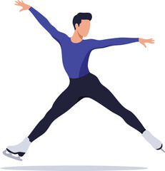 Male figure skater performing jump on ice rink in athletic pose wearing blue top and black pants vector illustration 