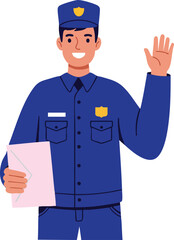 Police officer in blue uniform waving hand and holding envelope illustration vector image 