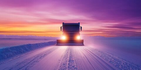 A snowplow truck drives down a snowy road under a vibrant sunset sky. Winter maintenance and transportation