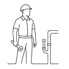 Line drawing of plumber holding wrench near pipes