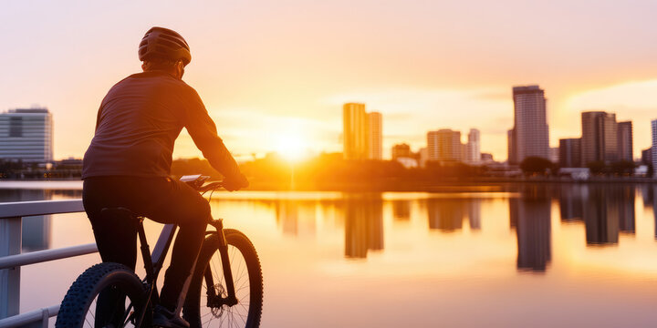 A person on a bicycle observes a sunset over a cityscape by the water. Tranquil urban scene, cycling, sunset reflection