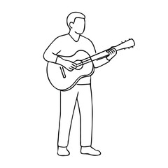Line drawing of man playing acoustic guitar standing