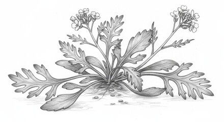Elegant Pencil Sketch of Upland Cress with Delicate Leaf and Flower Details