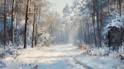 Winter wonderland forest path in the sunlight.