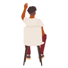 Young hipster guy cartoon character with raised hand sitting on chair back view isolated on white