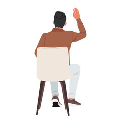 Back view of businessman cartoon character raising hand while sitting on chair isolated on white