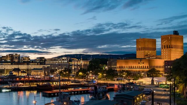 Nighttime Oslo Aker Brygge Crowds Blurred in Fast-Moving Timelapse