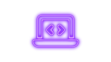 Neon outline of a laptop with code symbols on the screen, representing programming or coding