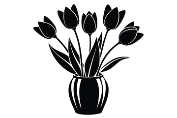 Black Tulips in Vase Silhouette Floral Design, Spring Blooms, Botanical Art