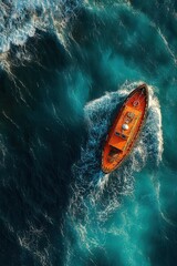 Fototapeta premium Orange lifeboat navigating the ocean waters with vibrant waves from above view