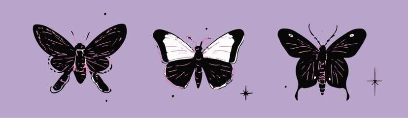 Stylized black and pink butterfly illustrations with hand-drawn, graphic inky details on a purple background, done in a modern illustrative and trendy tattoo flash style.
