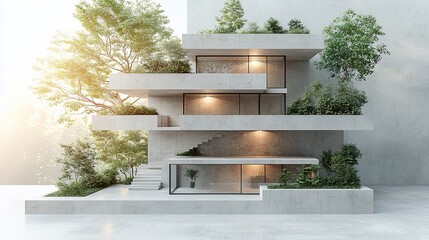 Modern concrete building with green spaces