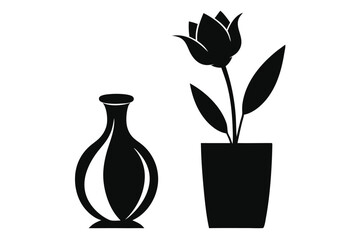 Elegant Black Vase and Tulip in Pot Silhouette Graphic Art Design