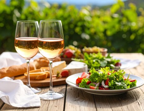 Rustic lunch with rosé wine and greens - Powered by Adobe