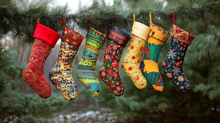 Colorful handmade Christmas stockings hanging from a tree branch.