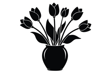 Seven Black Tulips in Vase Still Life Floral Decorative Vector Graphic