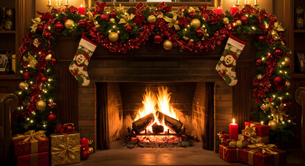 Festive Fireplace Scene With Christmas Decorations And Warm Glowing Fire