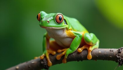 Naklejka premium Green tree frog perched on white, vibrant skin, bright, animal photography