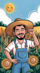 Smiling Latin American farmer in a corn field illustration under a smiling sun.