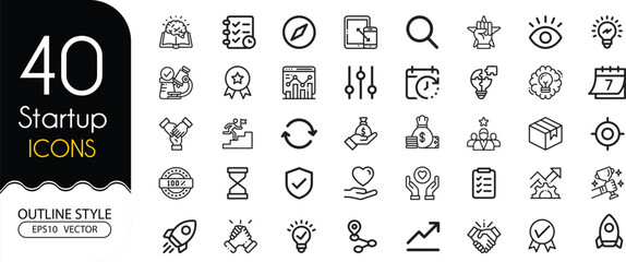 Set of 40 outline icons related to Startup, technology, finance. Linear icon collection. Line Editable Icons set. Vector illustration, EPS10