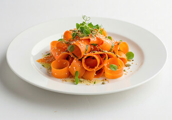 Colorful carrot ribbon salad served with sesame dressing, herbs, and a light sprinkle of seeds on a clean white plate.